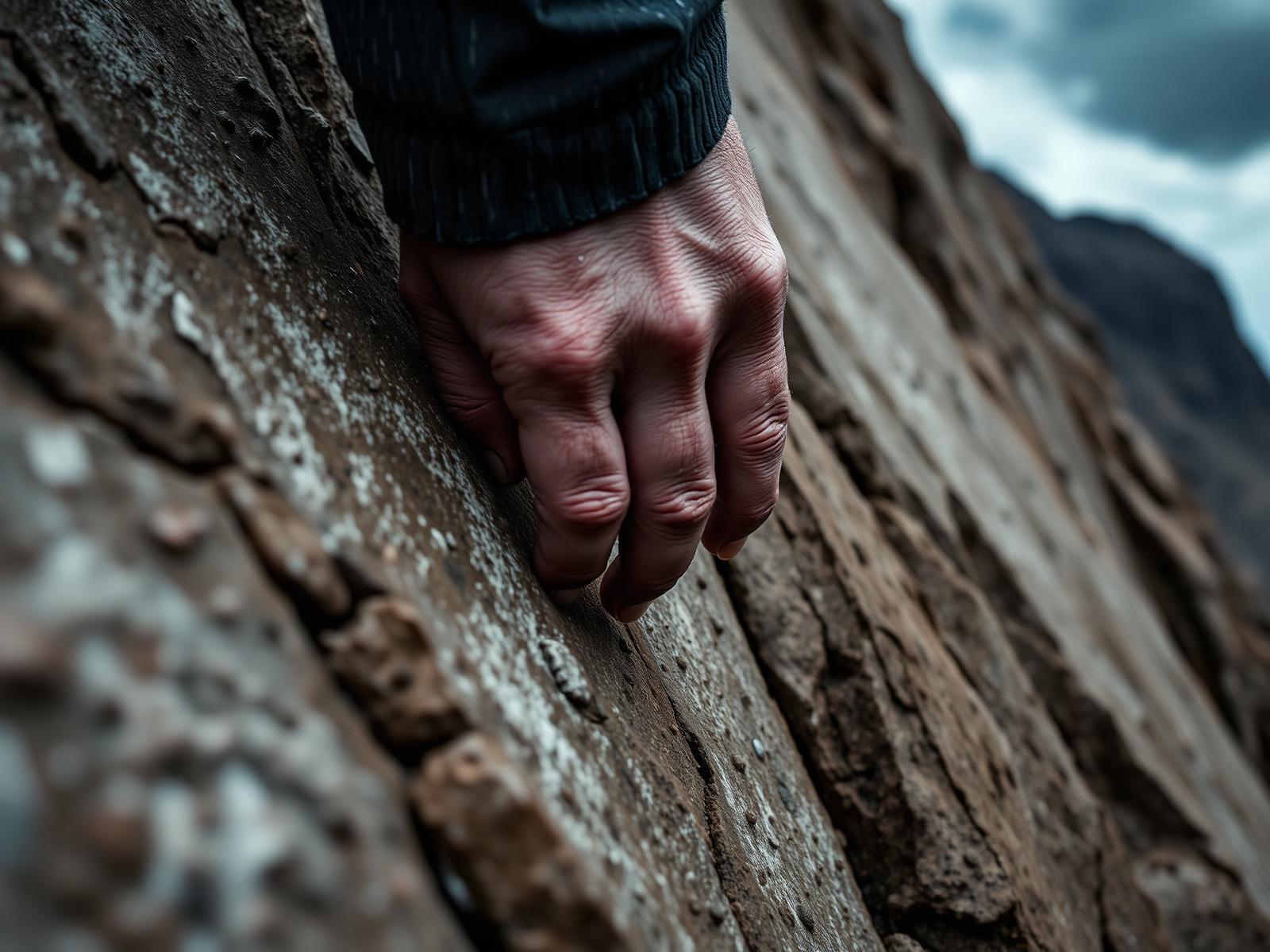 A single hand gripping cold wet rock on a steep climb